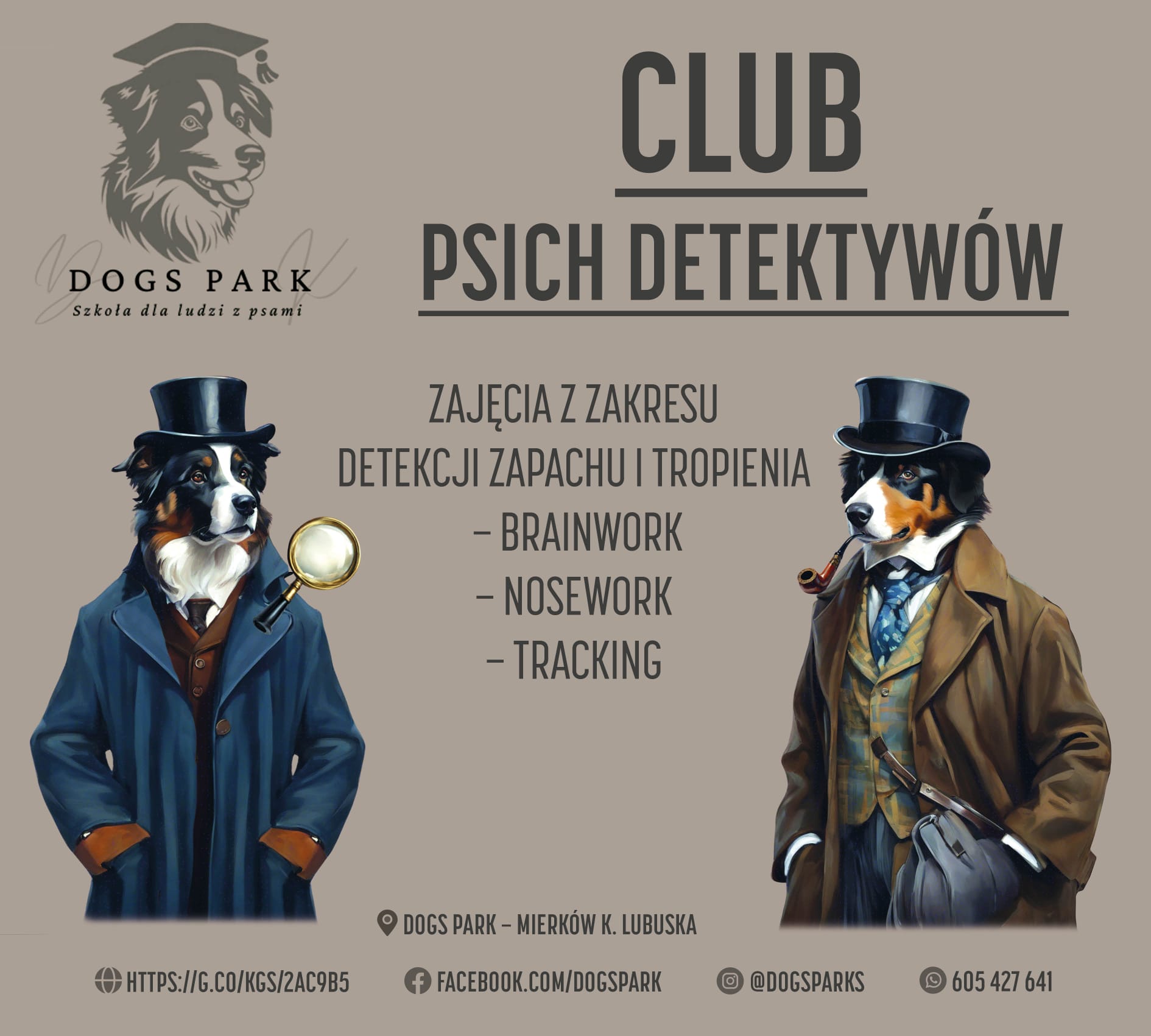 Dwa psy w płaszczach detektywów – maskotki Clubu Psich Detektywów